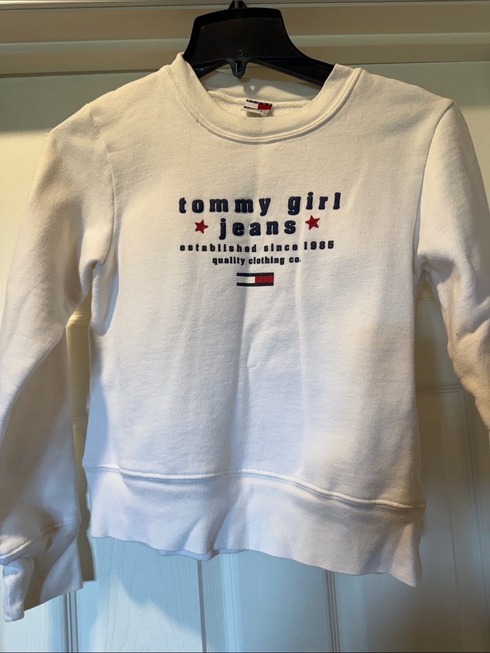 Tommy Hilfiger White Crewneck Sweatshirt with Navy & Red Logo - Kids